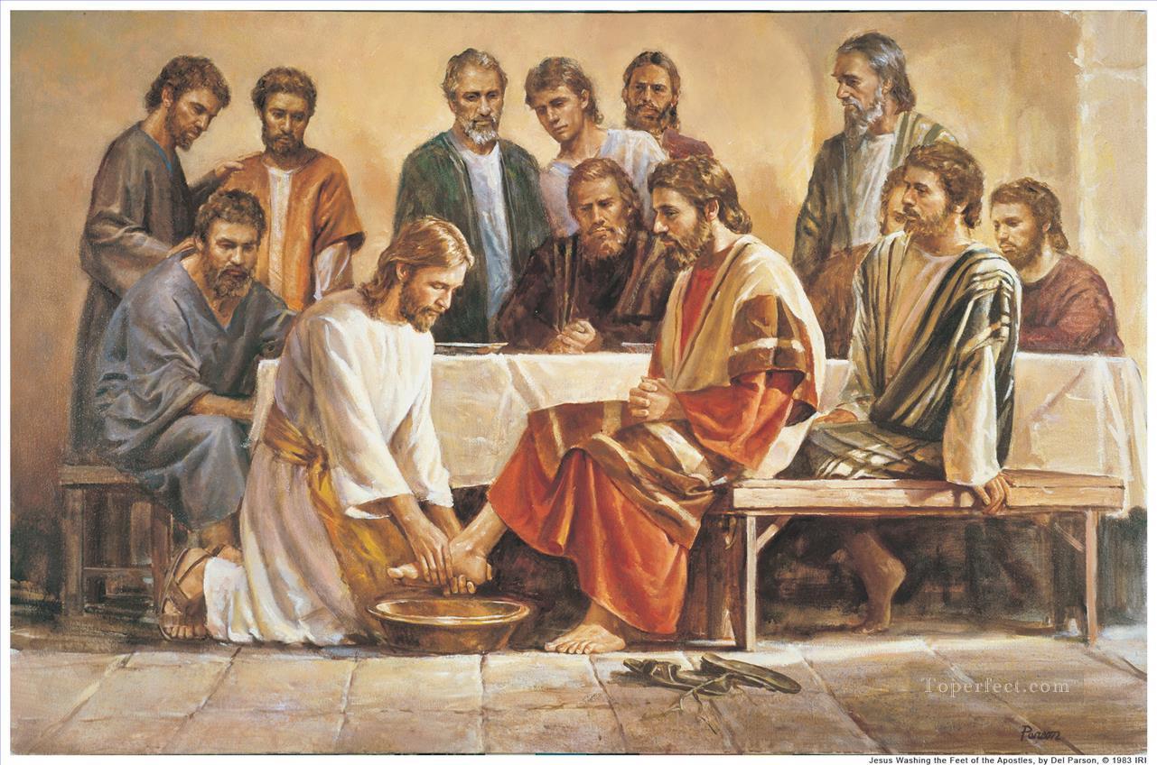 使徒の足を洗う宗教的なキリスト教徒のイエス油絵